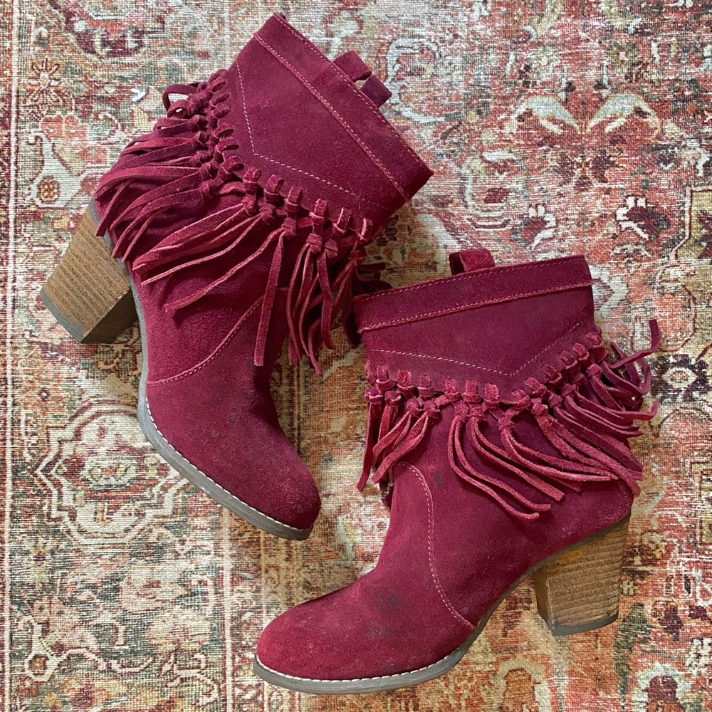 Sbicca Burgundy Fringe Ankle Boots